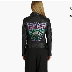 Black and Purple/Multi Colored Women's Leather Jacket